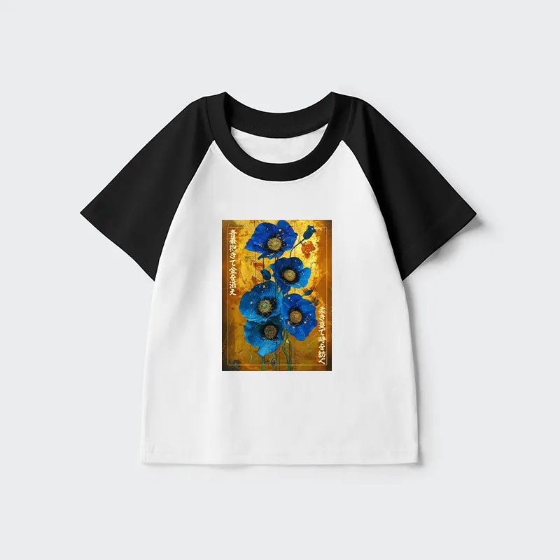 Kyoto-Lion Shiny Blue Flower Warm Golden Background Kids Raglan T-shirt