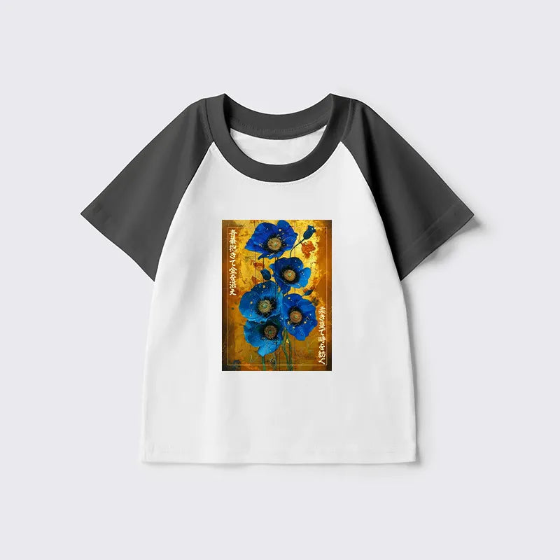 Kyoto-Lion Shiny Blue Flower Warm Golden Background Kids Raglan T-shirt