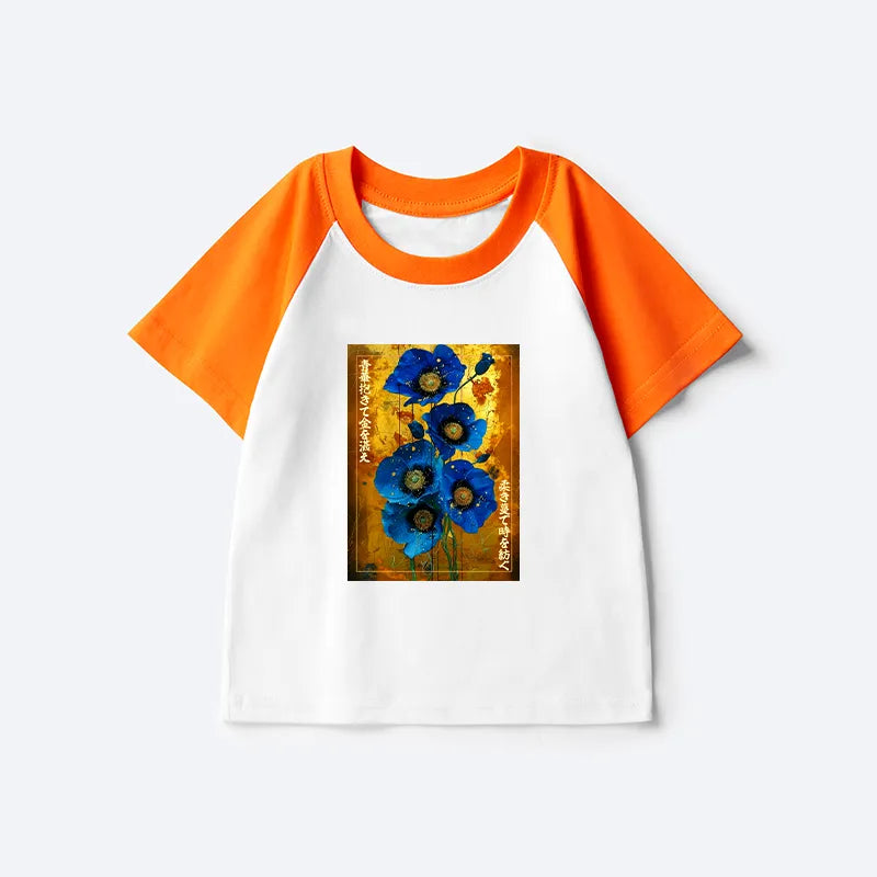 Kyoto-Lion Shiny Blue Flower Warm Golden Background Kids Raglan T-shirt