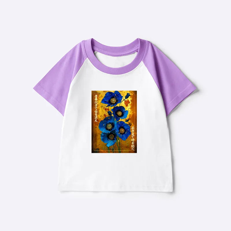 Kyoto-Lion Shiny Blue Flower Warm Golden Background Kids Raglan T-shirt