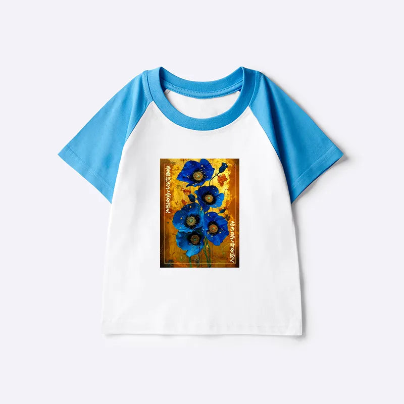 Kyoto-Lion Shiny Blue Flower Warm Golden Background Kids Raglan T-shirt