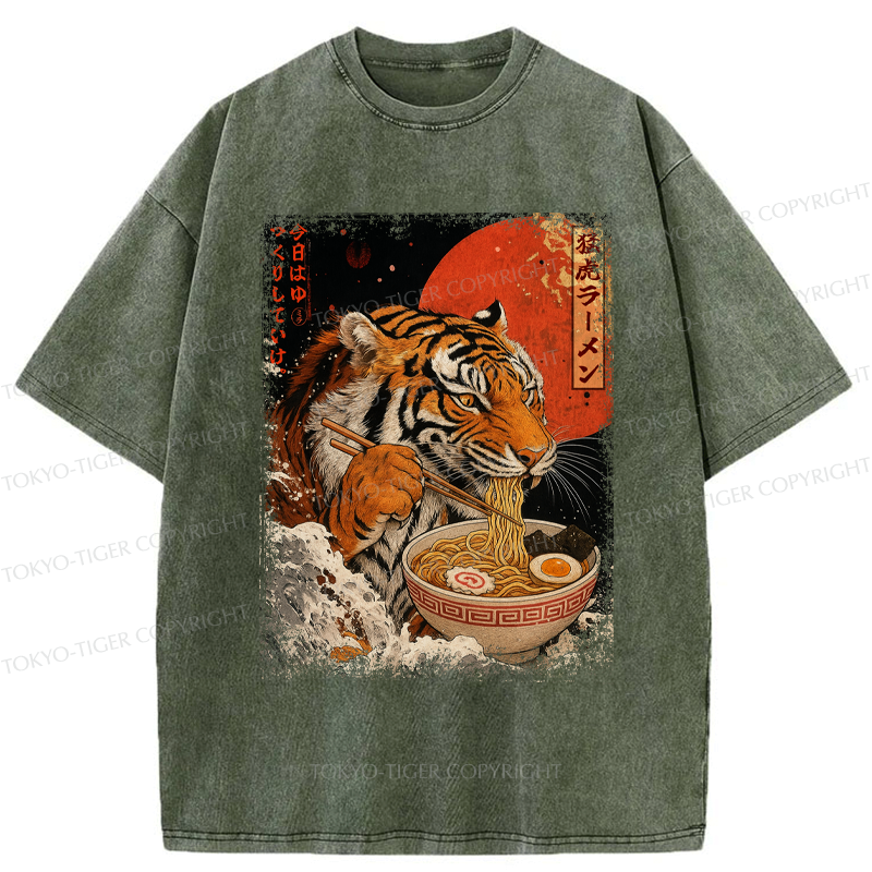 Kyoto-Lion Ukiyoe Japan Tiger Eating Ramen Washed T-Shirt
