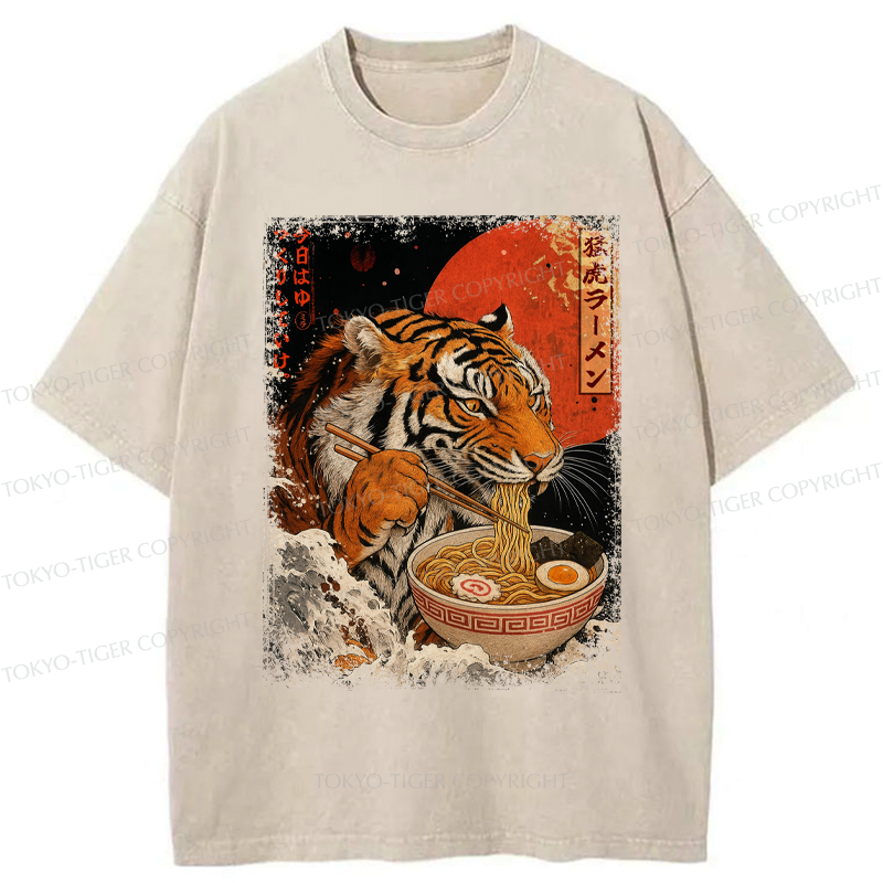 Japanese Ukiyoe Tiger Ramen Washed T-Shirt