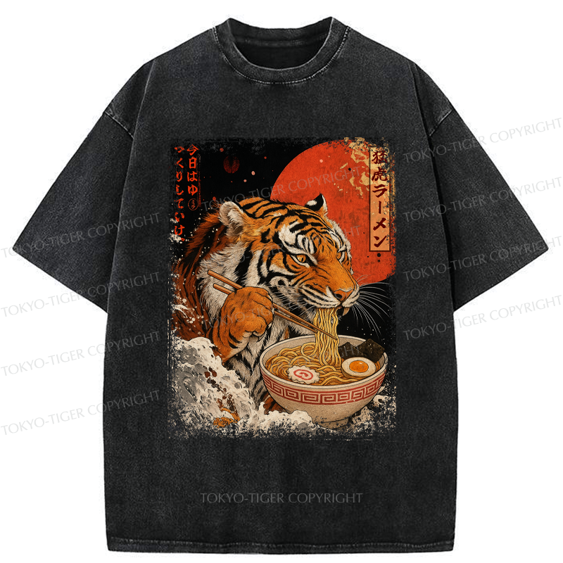 Kyoto-Lion Ukiyoe Japan Tiger Eating Ramen Washed T-Shirt