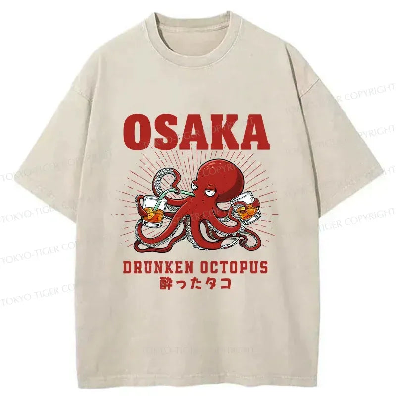 Kyoto-Lion Octopus Drinking Beer Washed T-Shirt