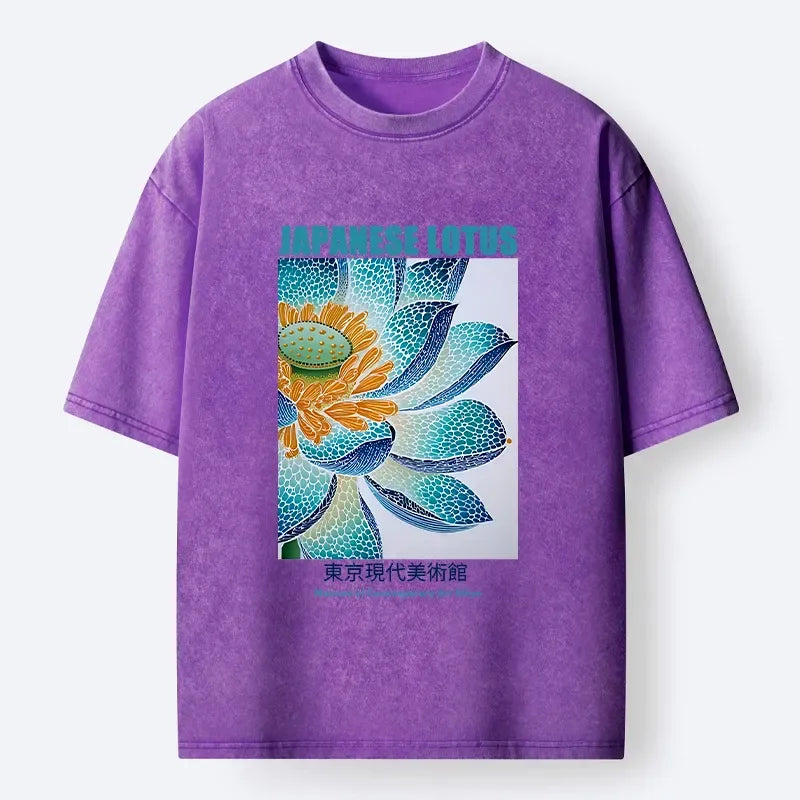 Washed Unisex T-Shirt with Ukiyo-e Lotus Print