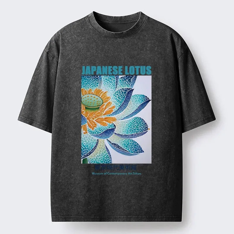Japanese Lotus Floral Teal T-Shirt for Daily Wear