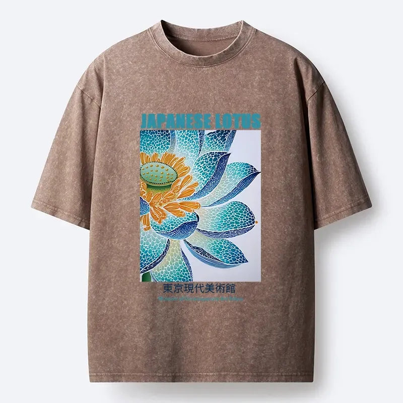 Washed Unisex T-Shirt with Ukiyo-e Lotus Print