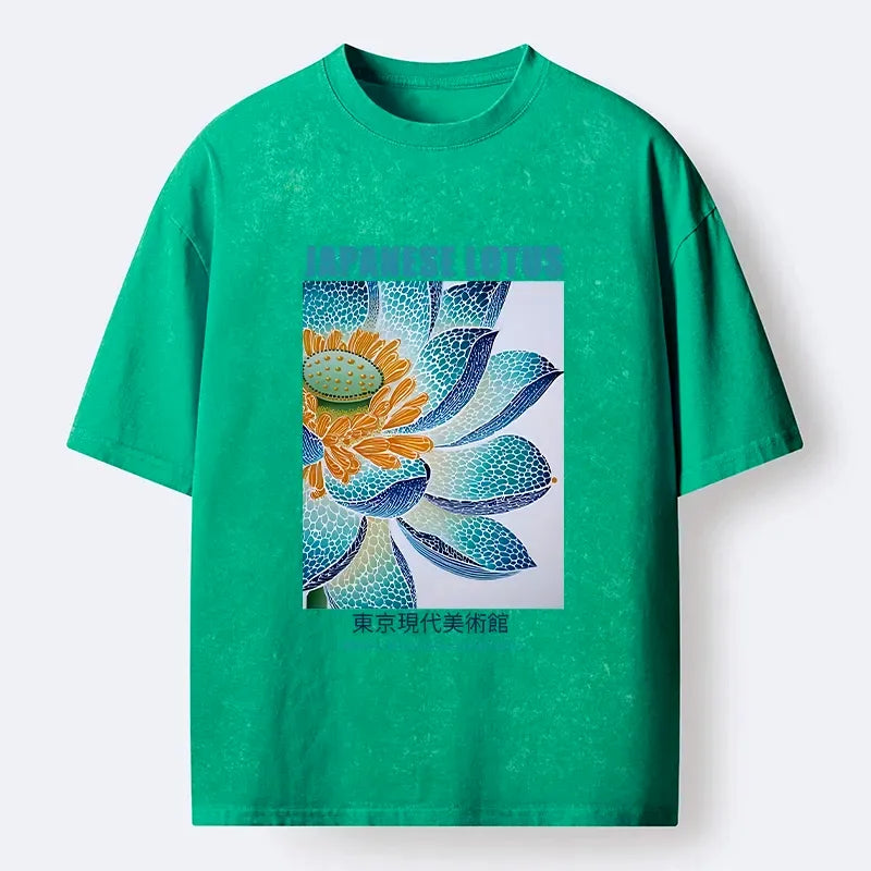 Washed Unisex T-Shirt with Ukiyo-e Lotus Print