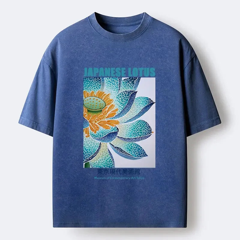 Washed Unisex T-Shirt with Ukiyo-e Lotus Print