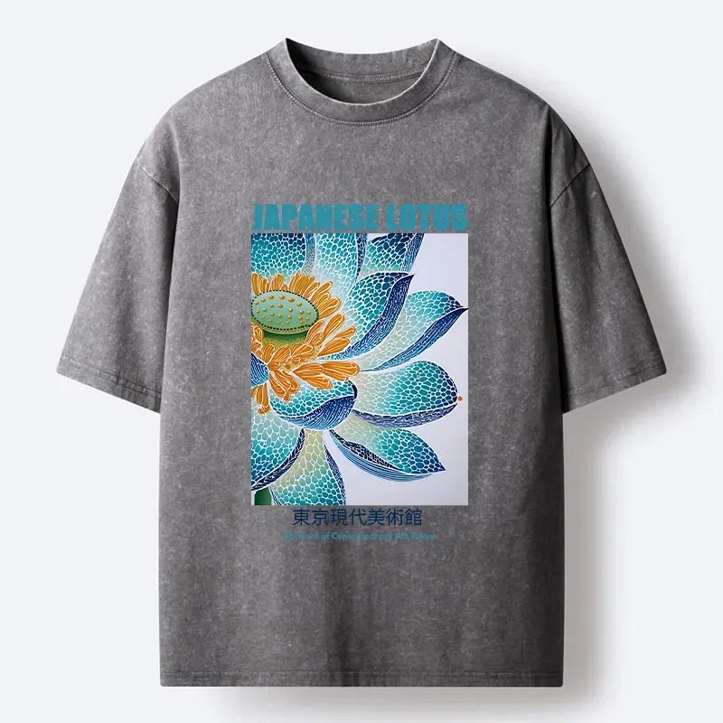Kyoto-Lion Teal Blue Lotus Floral Gallery Poster Print Washed T-Shirt