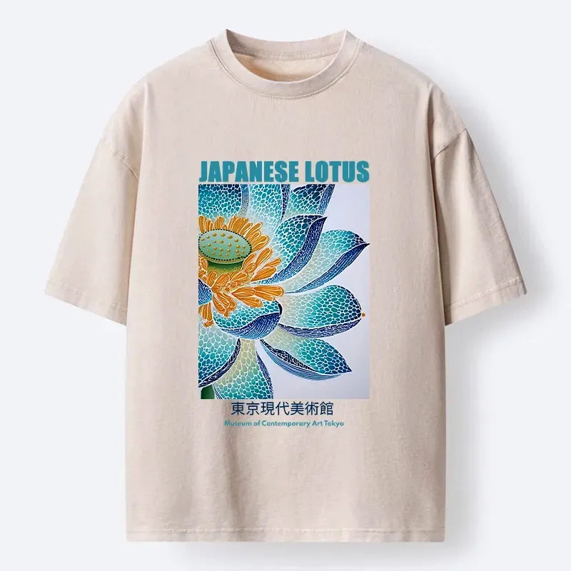 Washed Unisex T-Shirt with Ukiyo-e Lotus Print