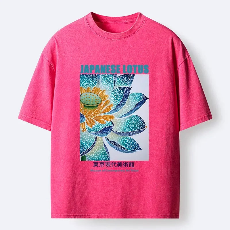 Kyoto-Lion Teal Blue Lotus Floral Gallery Poster Print Washed T-Shirt