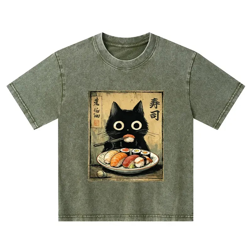 Japanese Sushi Cat Kids Washed T-Shirt