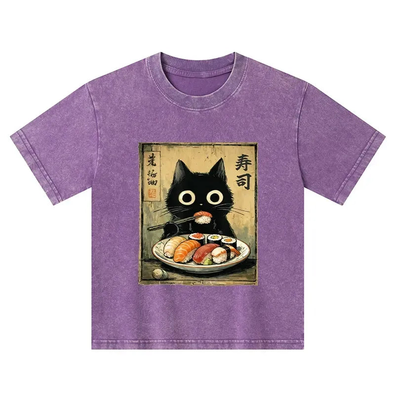 Kyoto-Lion Vintage Japanese Sushi Cat Kids Washed T-Shirt