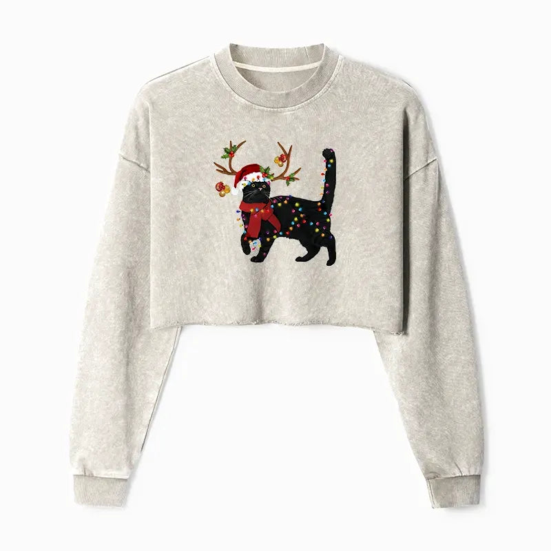 Kyoto-Lion Christmas Black Cat Washed Crop Sweatshirt