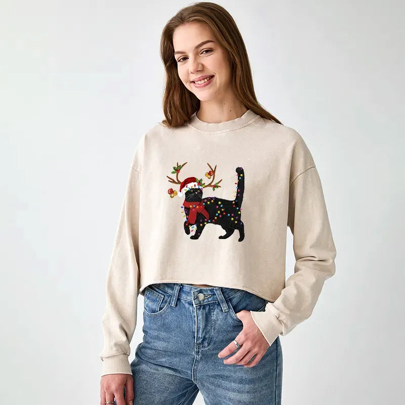 Kyoto-Lion Christmas Black Cat Washed Crop Sweatshirt