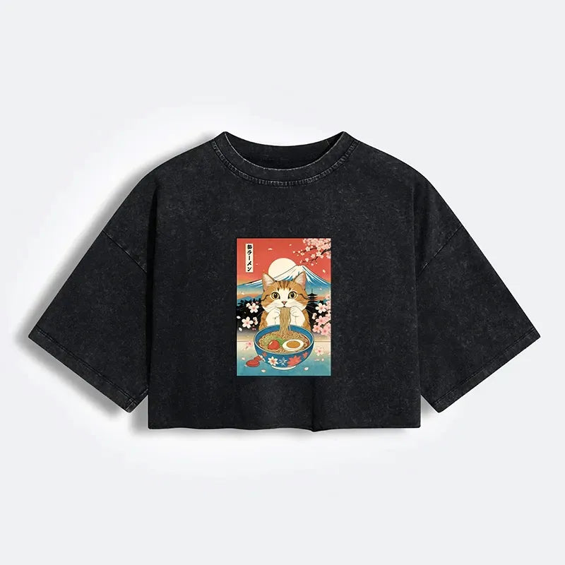 Kyoto-Lion Funny Orange Cat Eating Ramen Japan Women's Washed Crop T-Shirt