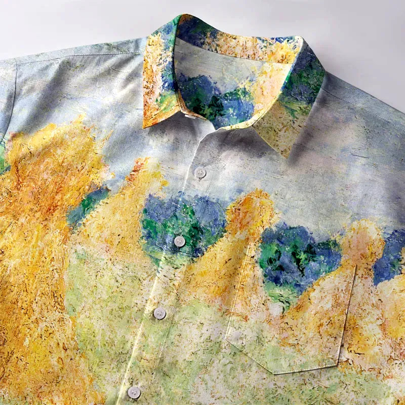 Kyoto-Lion Black Cat Hiding Behind Haystack Button-up Shirt