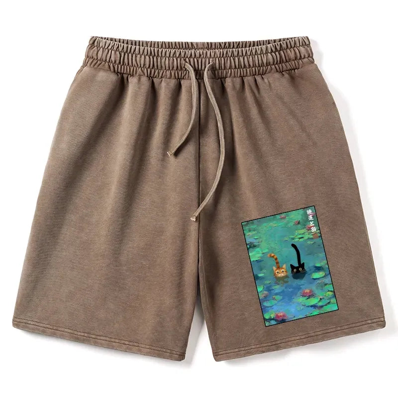 Kyoto-Lion Funny Cats Swimming In Lilies Washed Shorts