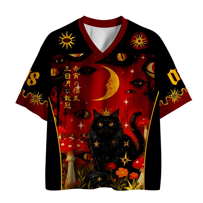 Cat Mesh Jersey with Red Spotted Mushrooms
