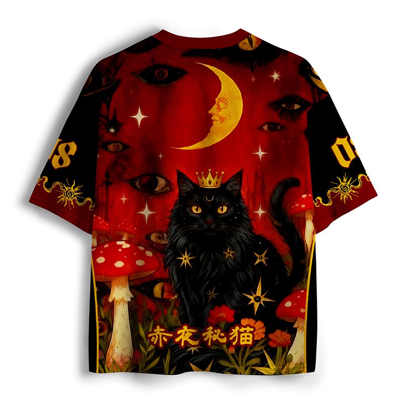 Kyoto-Lion Mystic Cat Amid Red Spotted Mushrooms Mesh Jersey