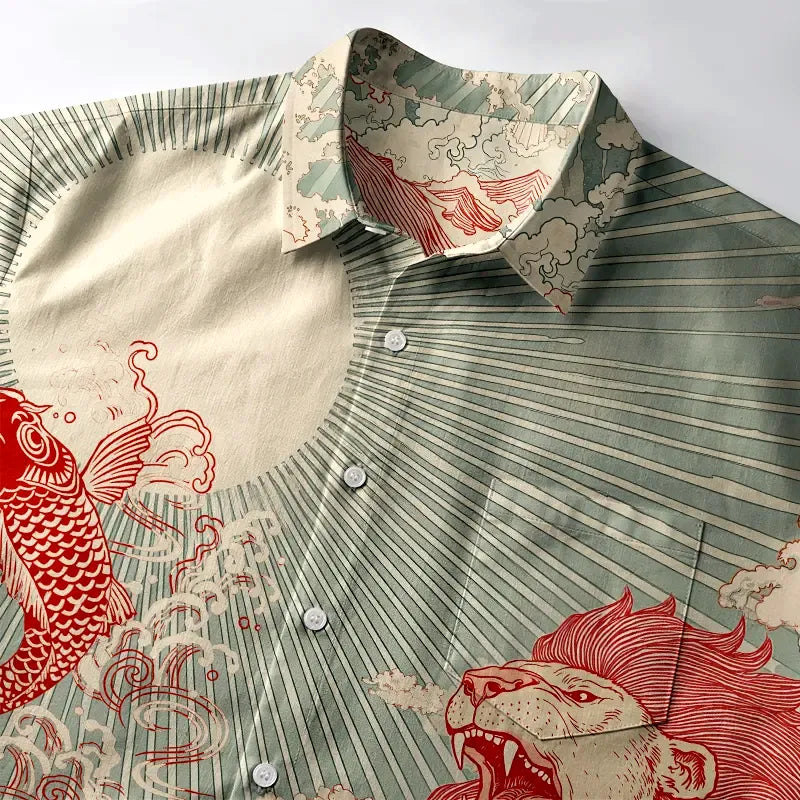 Kyoto-Lion Waves Of Lion And Koi Button-up Shirt