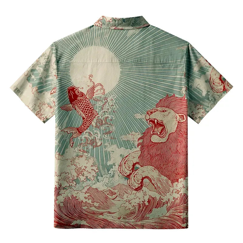 Kyoto-Lion Waves Of Lion And Koi Button-up Shirt