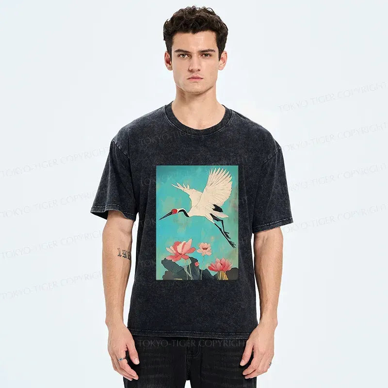 Japanese crane lotus washed t-shirt