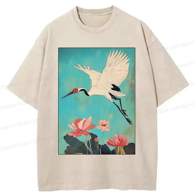 Kyoto-Lion Crane And Lotus Japan Washed T-Shirt