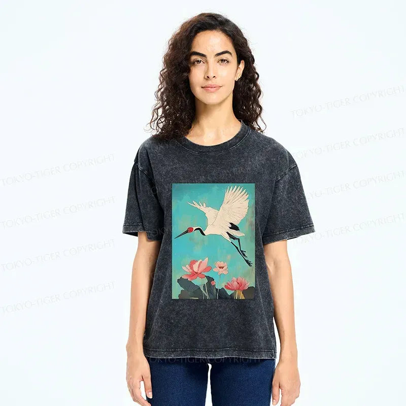 Kyoto-Lion Crane And Lotus Japan Washed T-Shirt