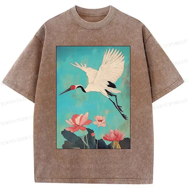 Japanese crane lotus washed t-shirt