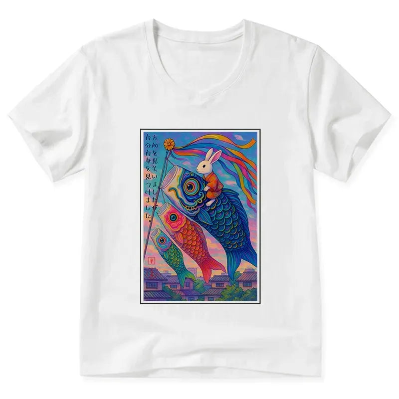 Japanese Ukiyoe Rabbit V-Neck T-Shirt for Daily Wear