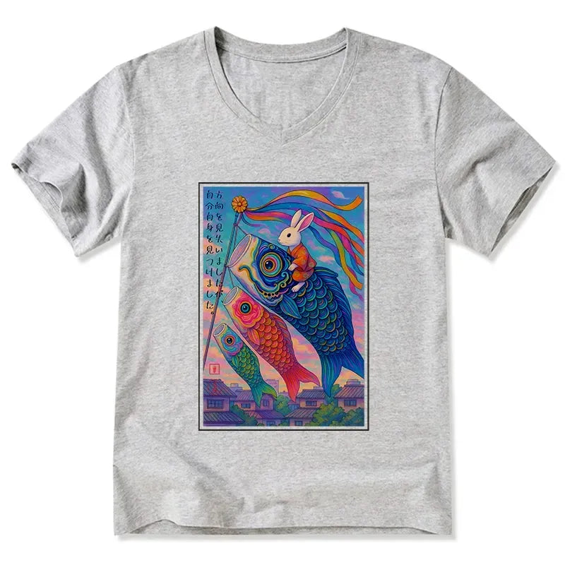Kyoto-Lion Ukiyoe Rabbit Ride Carp Streamer Poster V-Neck Classic T-Shirt