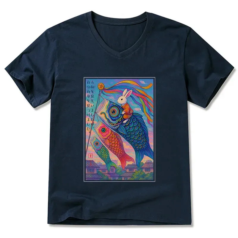 Japanese Ukiyoe Rabbit V-Neck T-Shirt for Daily Wear