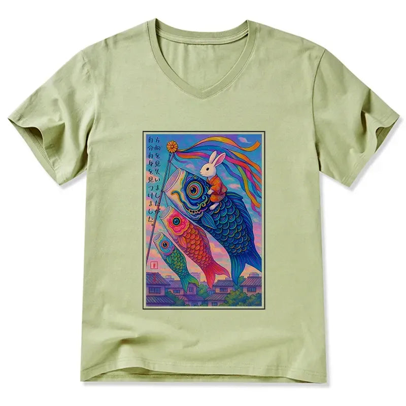 Kyoto-Lion Ukiyoe Rabbit Ride Carp Streamer Poster V-Neck Classic T-Shirt