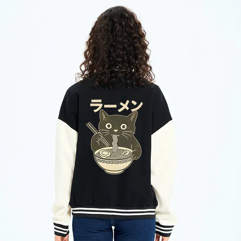 Kyoto-Lion Simple Black Cat Eating Ramen Embroidery Varsity Jacket