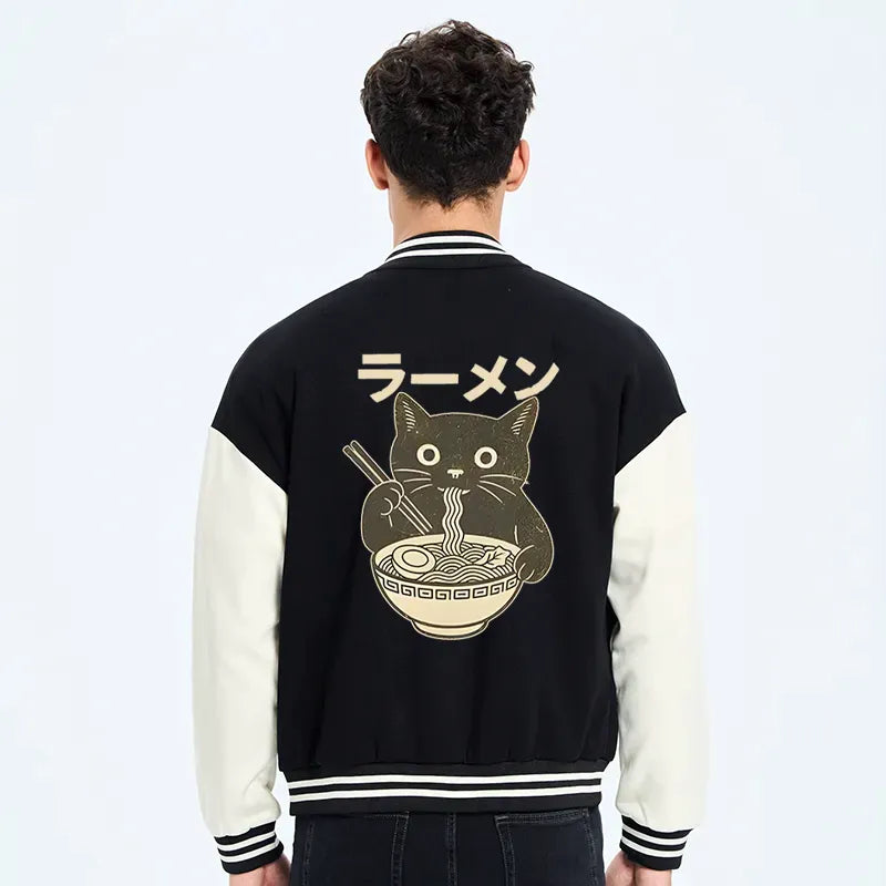 Japanese Cat Ramen Embroidery Varsity Jacket