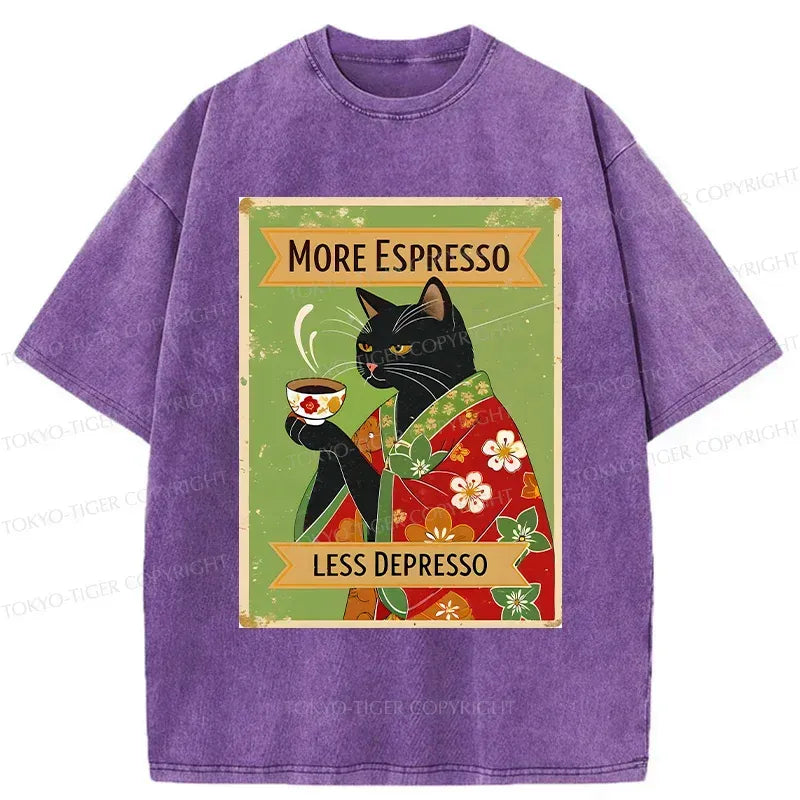 Washed Black Cat Coffee T-Shirt for Summer