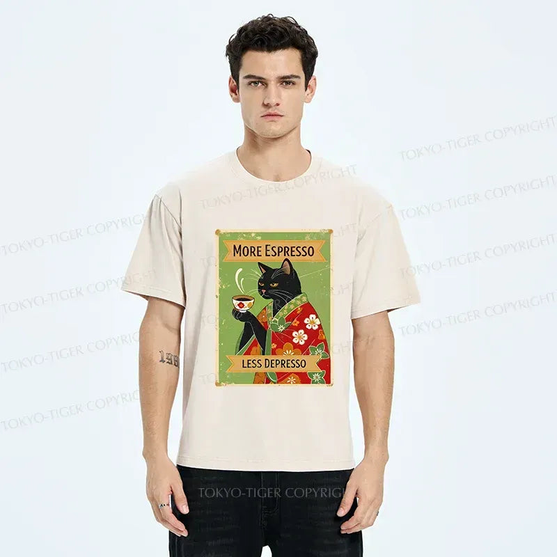Kyoto-Lion Cute Black Cat Drinking Coffee Washed T-Shirt