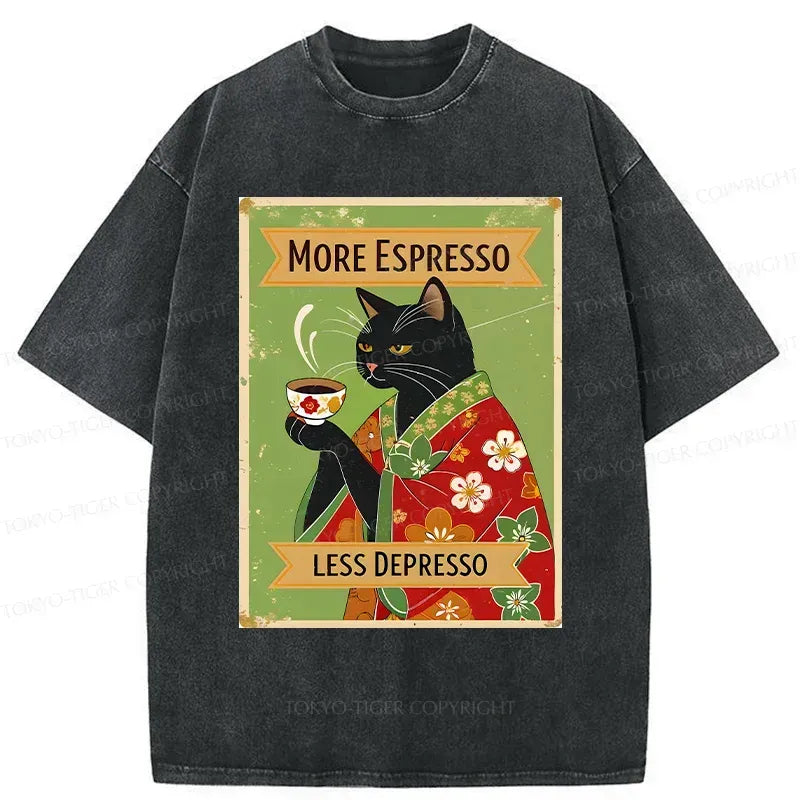 Japanese Cute Black Cat Drinking Coffee T-Shirt