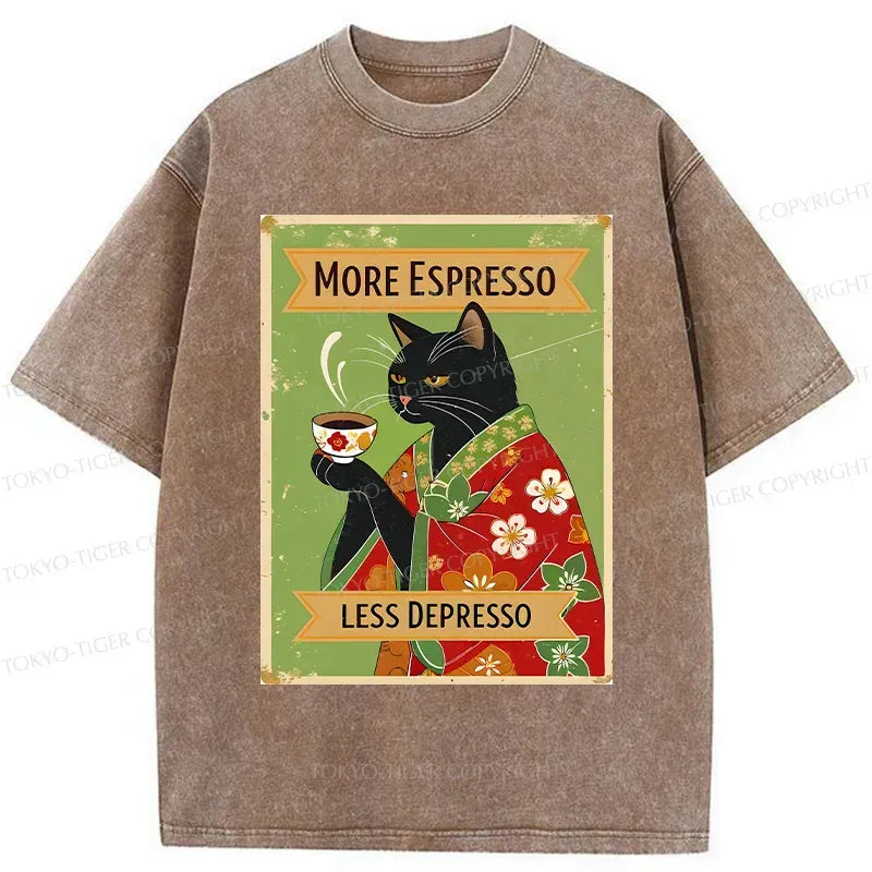 Japanese Cute Black Cat Drinking Coffee T-Shirt