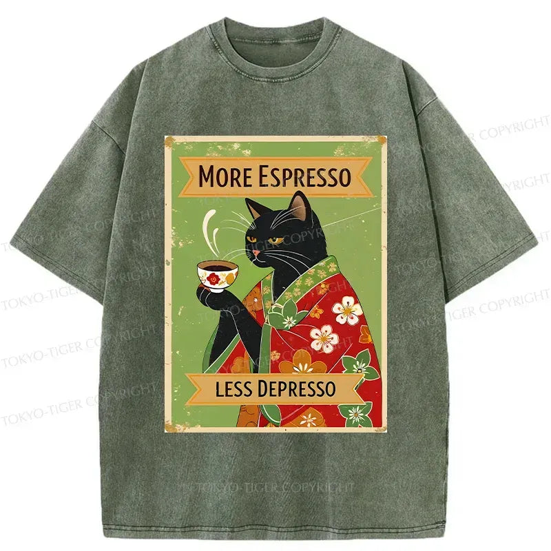 Kyoto-Lion Cute Black Cat Drinking Coffee Washed T-Shirt