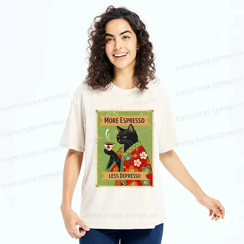 Washed Black Cat Coffee T-Shirt for Summer