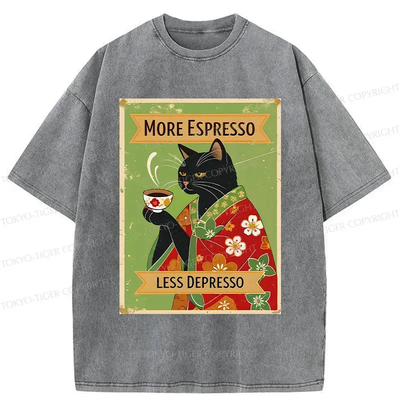 Kyoto-Lion Cute Black Cat Drinking Coffee Washed T-Shirt