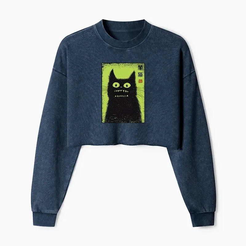 Kyoto-Lion Spooky Black Cat Japanese Washed Crop Sweatshirt