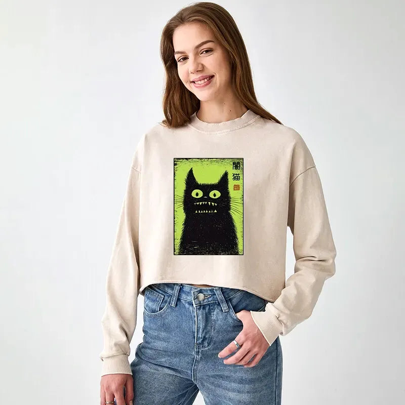 Kyoto-Lion Spooky Black Cat Japanese Washed Crop Sweatshirt