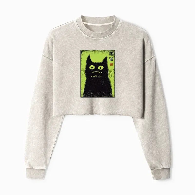 Kyoto-Lion Spooky Black Cat Japanese Washed Crop Sweatshirt