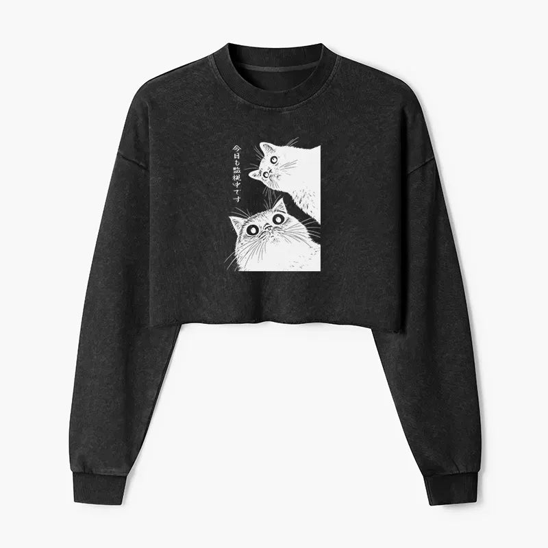japanese vintage cat washed crop sweatshirt