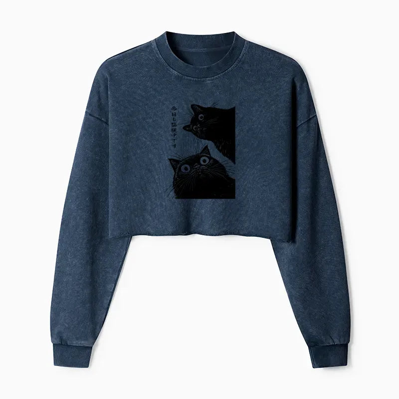 japanese vintage cat washed crop sweatshirt